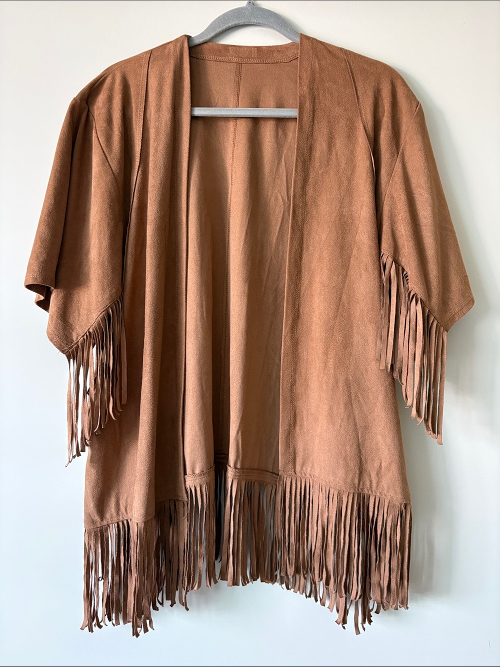 Abercrombie & Fitch Suede-Look Fringe Coat in Camel